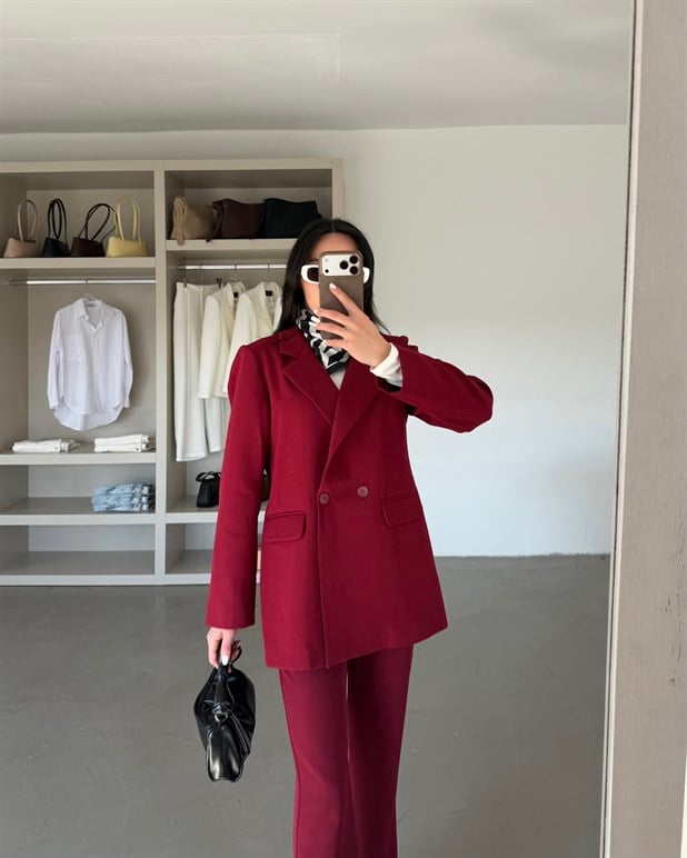 Çift Düğme Oversize Blazer  - Bordo