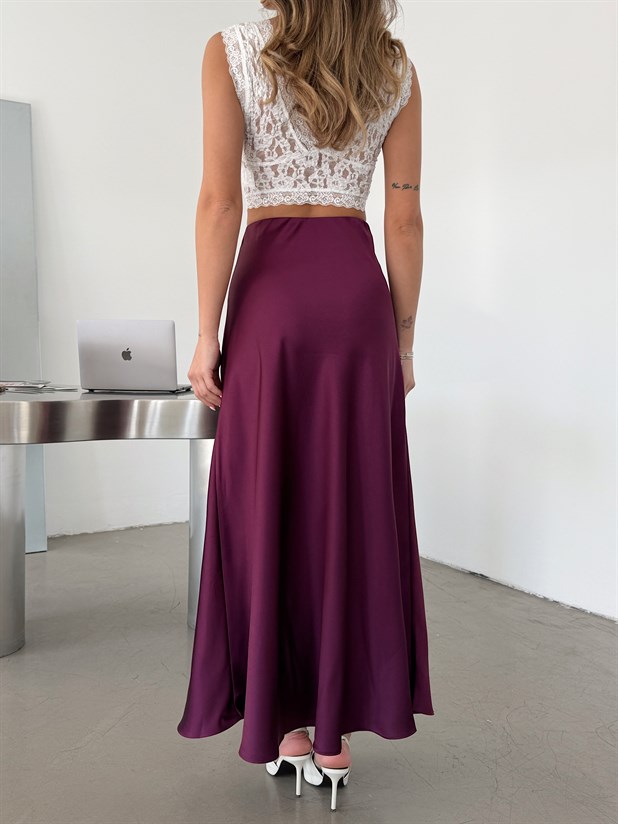 Uzun Krep Saten Etek - Mürdüm