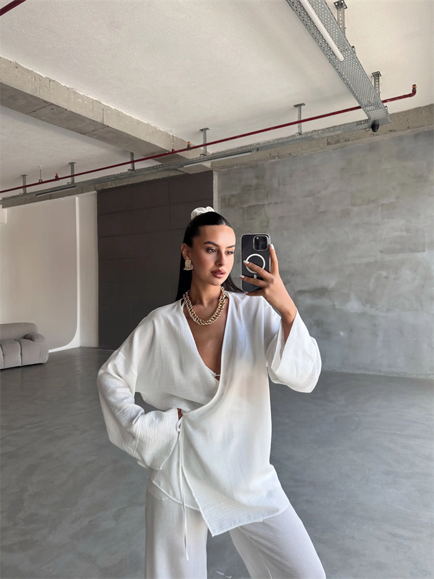 Belden Bağlamalı Keten Kimono Takım - Beyaz