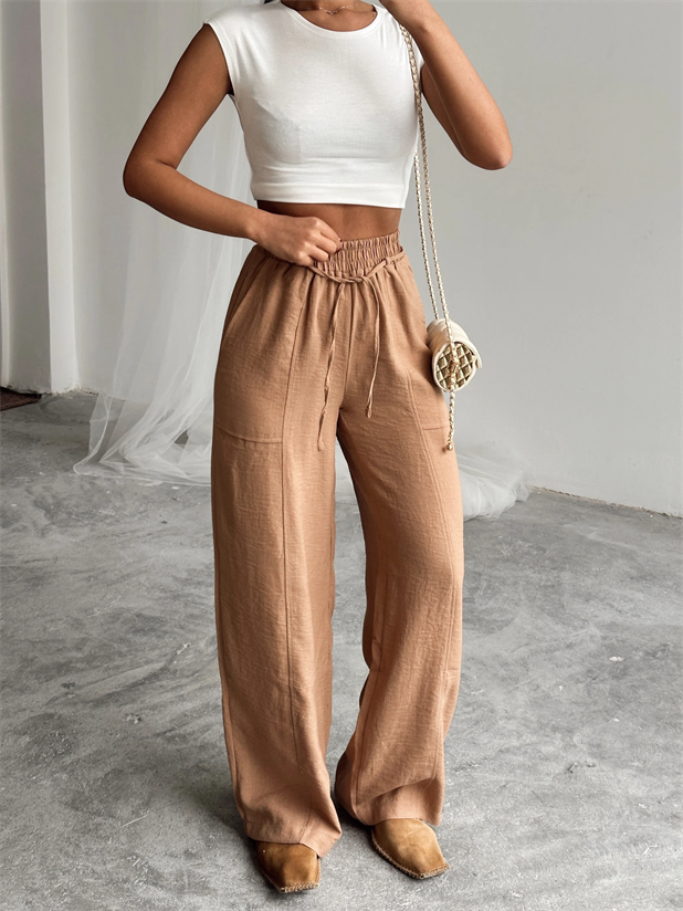 Belina Keten Bel Detay Pantolon Vizon - Vizon