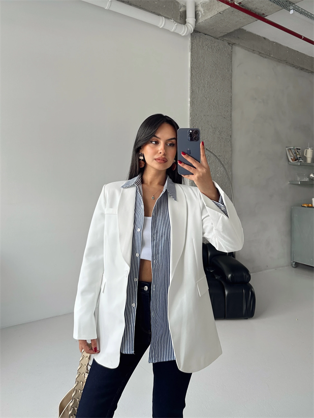 Kol Yırtmaç Blazer Ceket Beyaz - Beyaz
