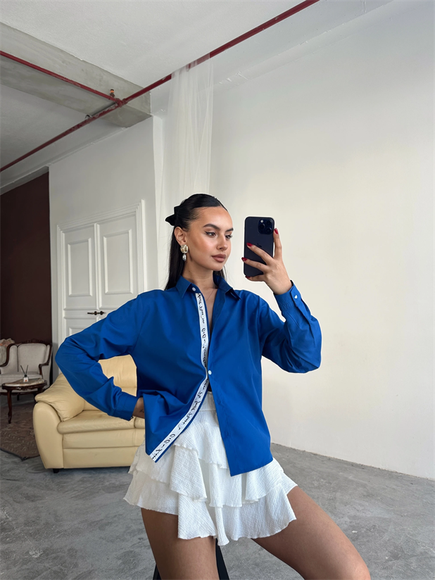 Kol Ve Pat Şerit Crop Gömlek - Saks Mavi