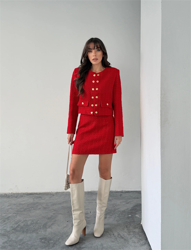 Düğmeli Tüvit Etek Ceket Takım - Kırmızı