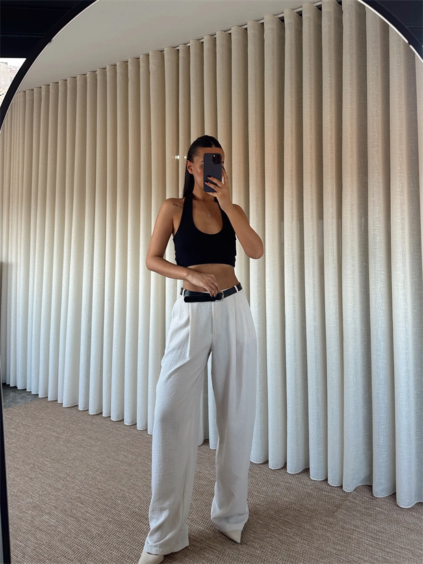  Kemerli Keten Pantolon - Bej