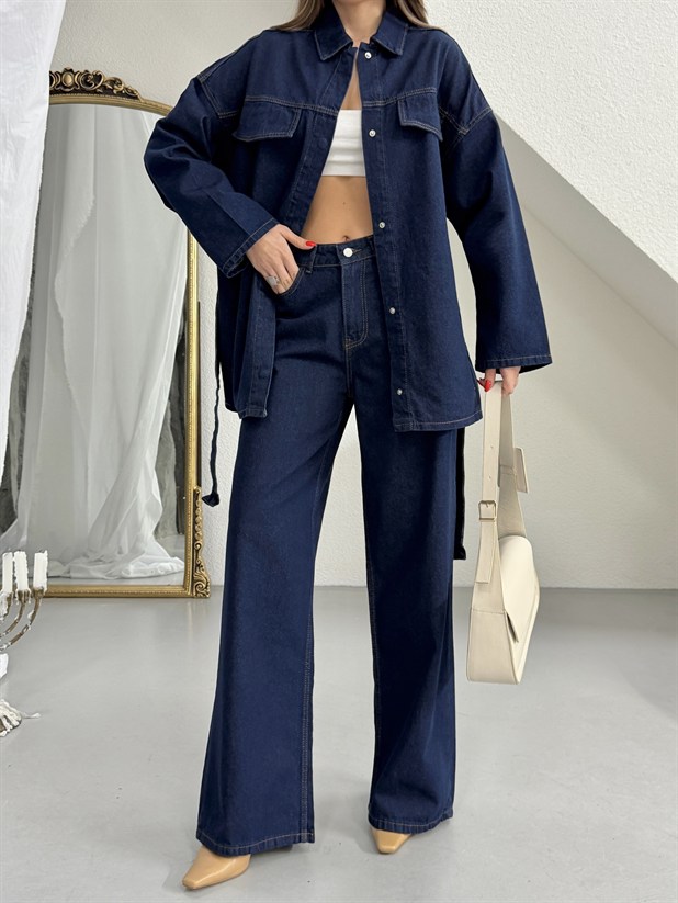 Cep Detaylı Denim Takım - Lacivert