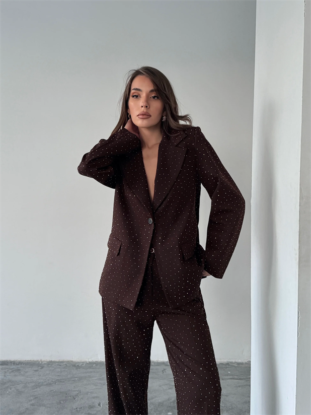 Premium Taş Detaylı Ceket Pantolon Takım  - Kahve