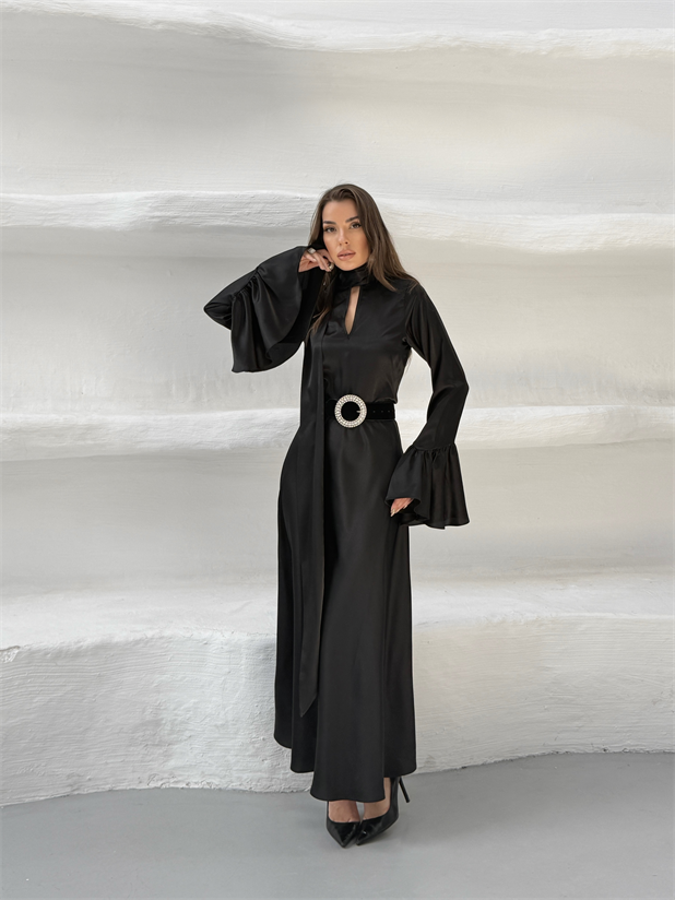 Fular Detay İspanyol Kol Saten Bluz - Siyah