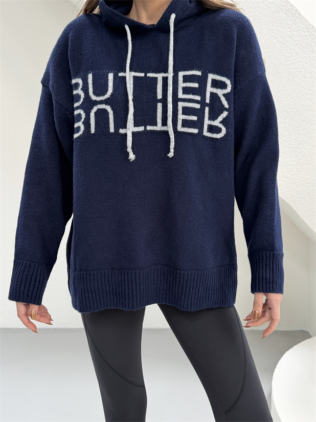 Kapüşonlu Butter Triko Kazak - Lacivert