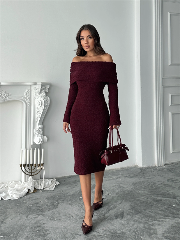 Madonna Yaka Buklet Elbise - Bordo