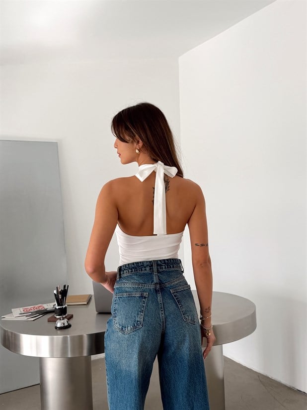 Yan Büzgü Dekolte Bodysuit Beyaz - Beyaz