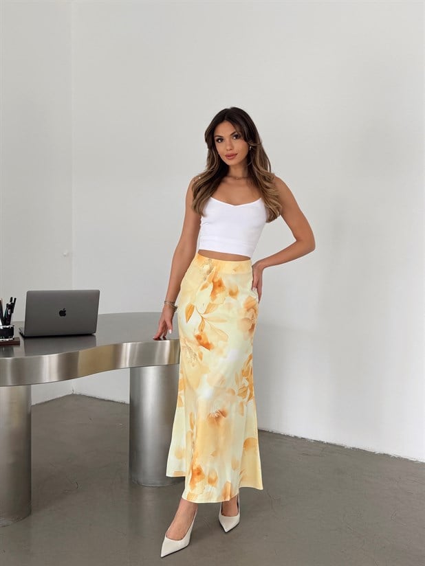 Çiçek Baskılı Çan Etek  - Sarı