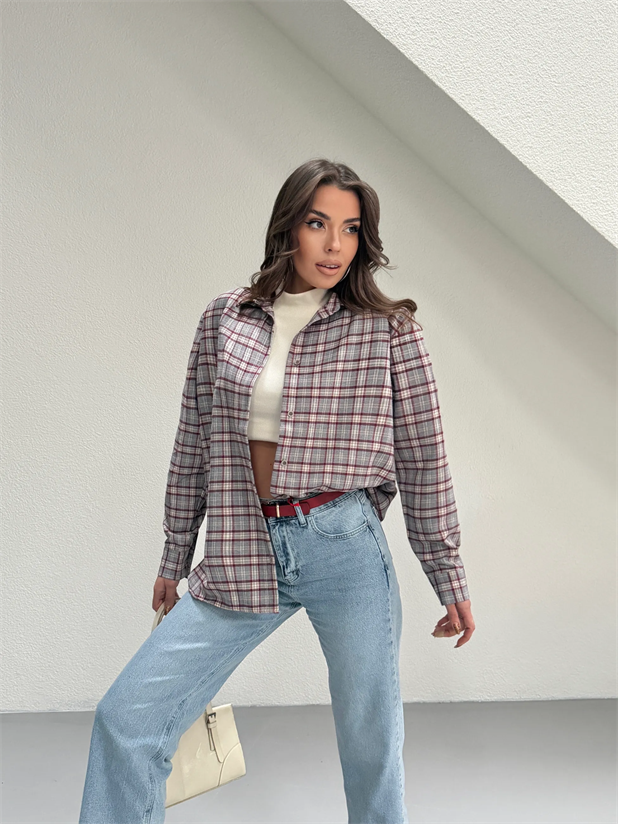 Kareli Oversize Gömlek - Gri