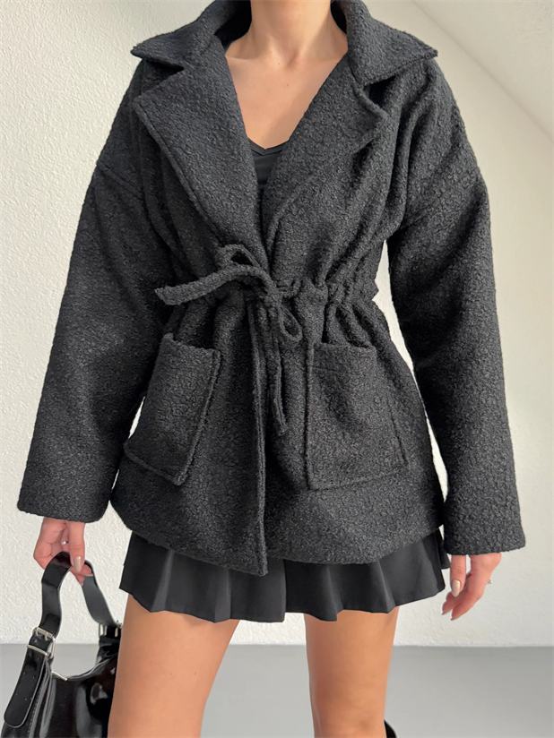 Kuşaklı Buklet Kaban  - Siyah