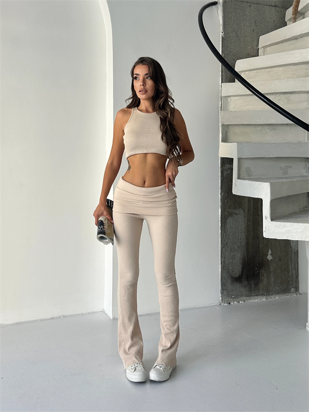 Bel Katlama Fitilli Tayt Pantolon - Bej