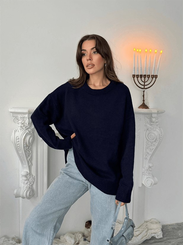 Yıkamalı Şardonlu Triko Kazak - Lacivert