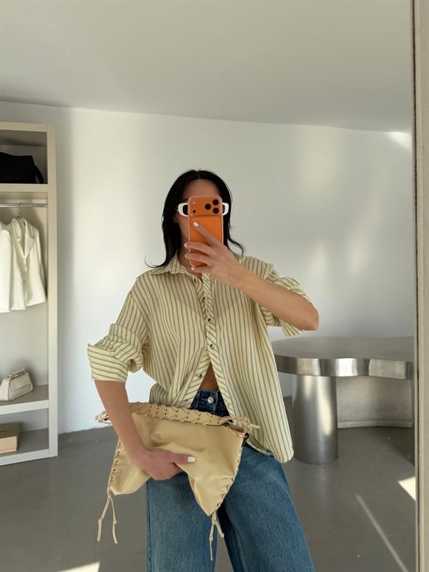 Çizgili Kol Manşet Detaylı Gömlek - Sarı