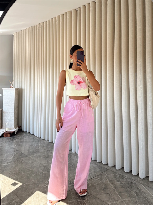 Bol Paça Keten Pantolon - Pembe