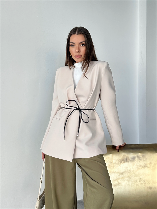 Deri Kemerli Blazer Ceket - Taş