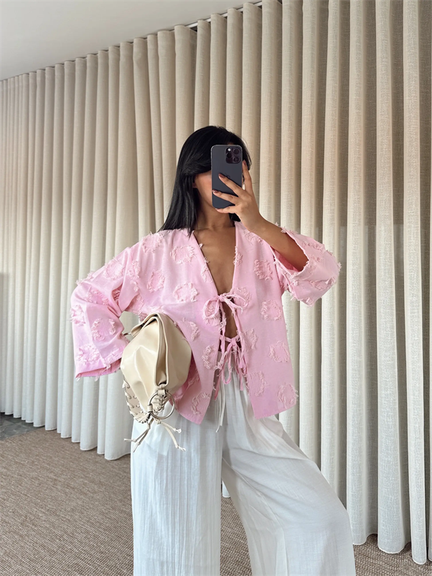 Püskül Detaylı Bağlamalı Kimono - Pembe