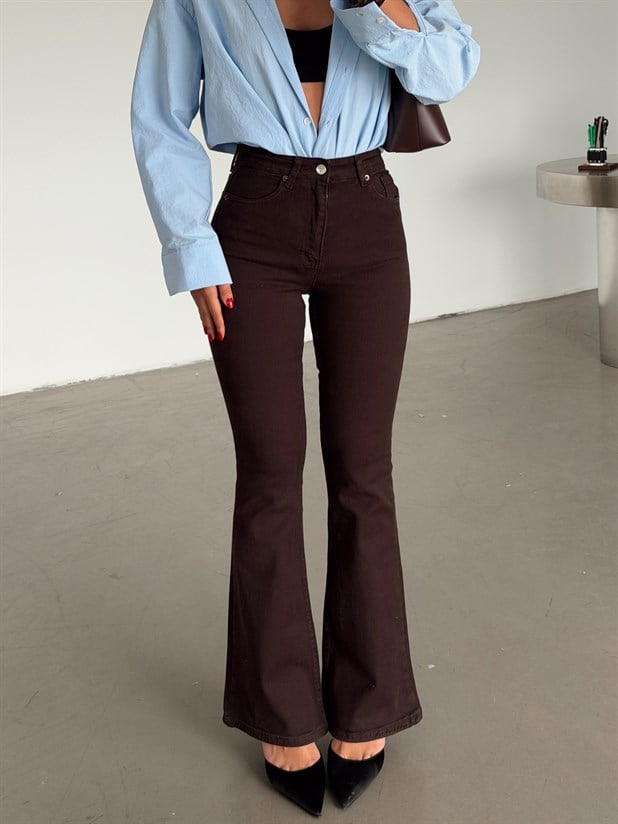 Yüksek Bel İspanyol Paça Jean - Kahverengi