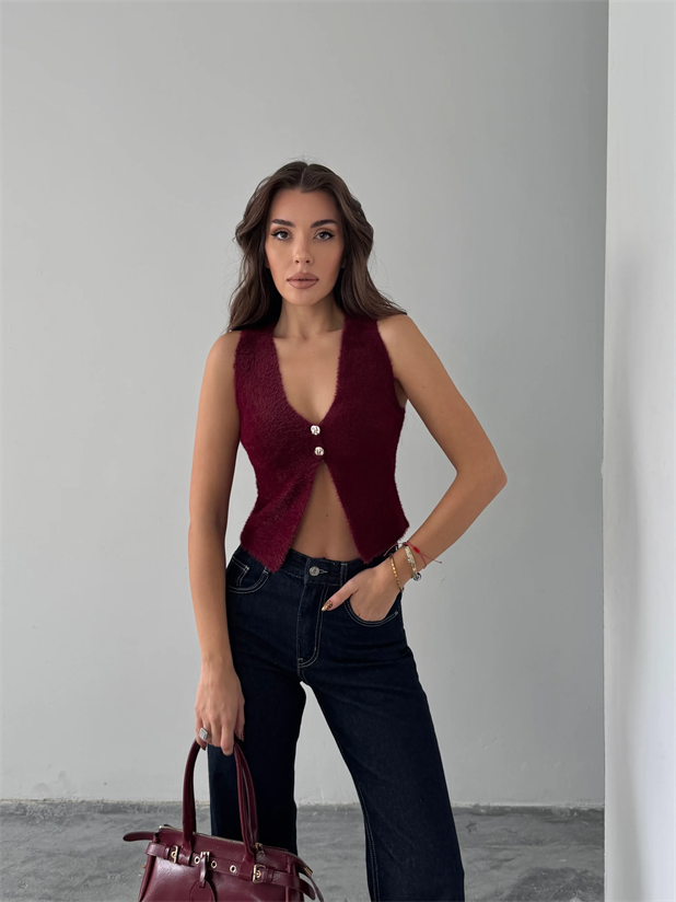 İki Düğmeli Yumoş Yelek - Bordo