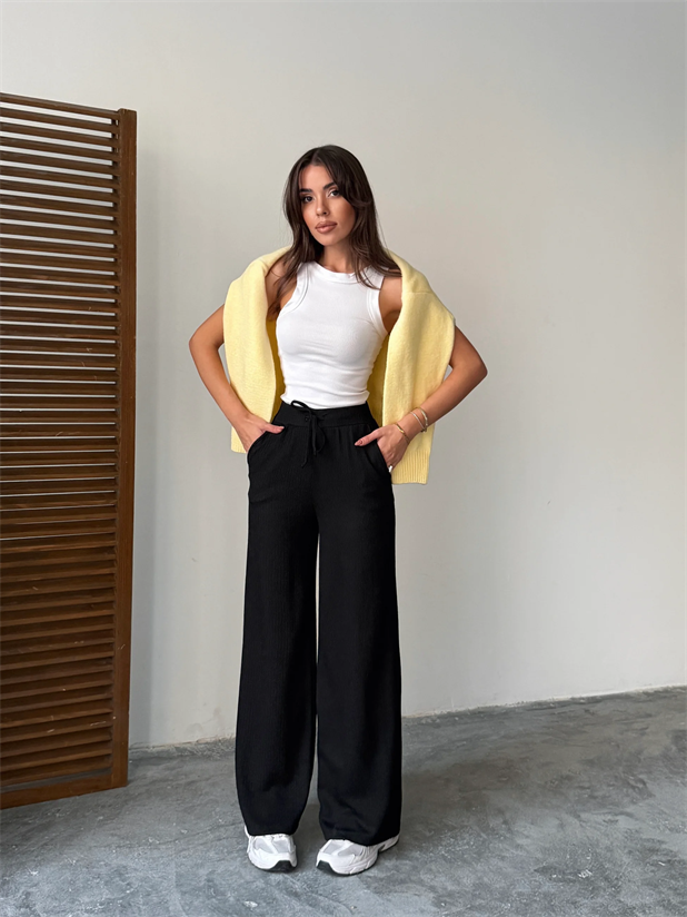 Bel Bağcık Fitilli Pantolon - Siyah