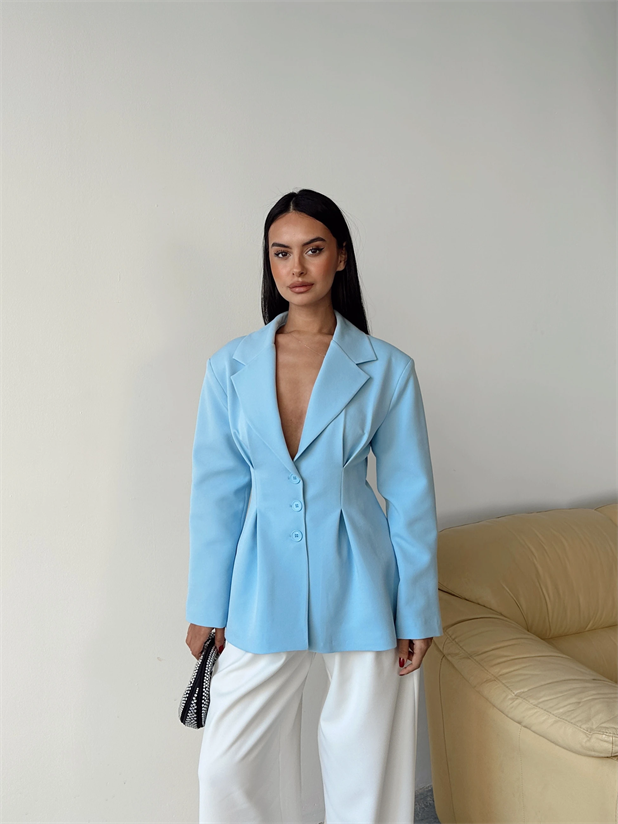 Pile Detay Oturtmalı Blazer Ceket  - Mavi