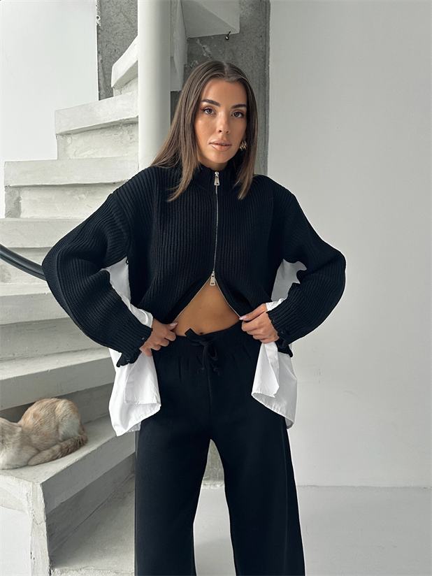 Poplin Fermuarlı Triko Takım - Siyah