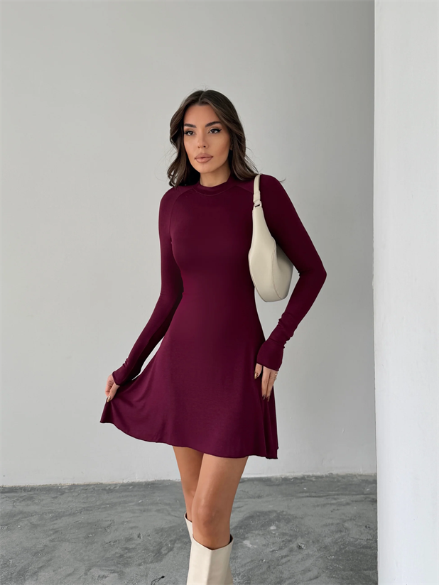 Dik Yaka Mini Elbise - Bordo