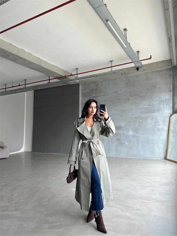 Kemerli Trençkot Haki Yeşil - Haki Yeşil