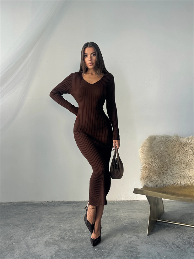 Bel Bağlama Triko Elbise - Kahve