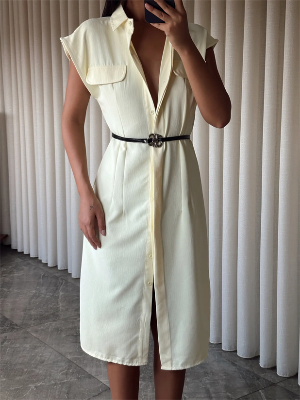 Kemerli Polo Yaka Elbise  - Sarı