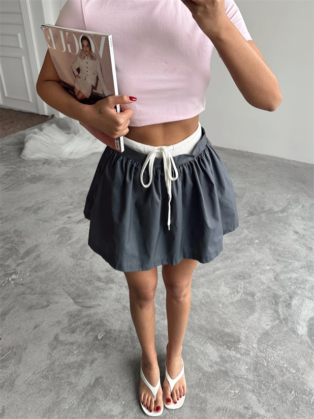 Beli Ribana Detay Mini Etek - Füme