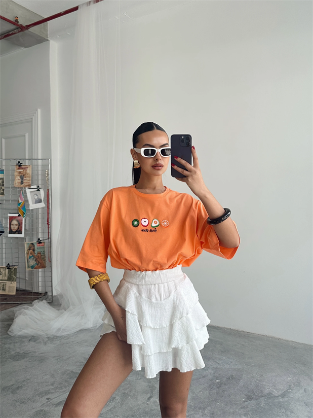 Fruit Nakış Basic T-shirt Turuncu - Turuncu