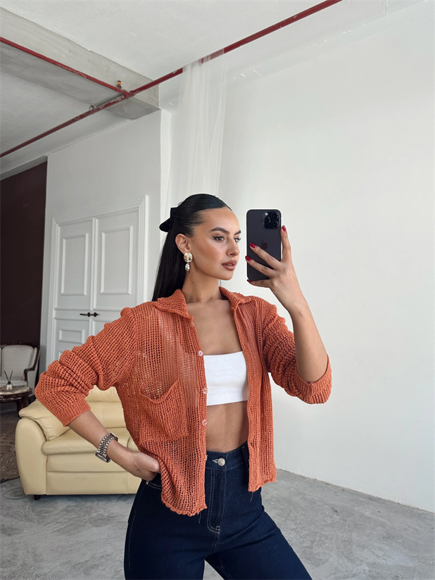 Elena Triko Ajur Hırka Kiremit - Kiremit