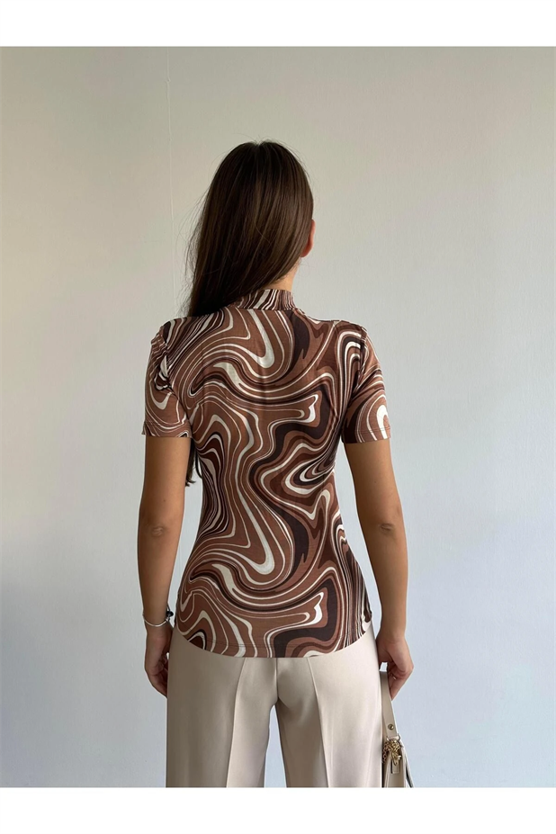 Dik Yaka Desenli Kısa Kol Bluz Ebruli - Ebruli