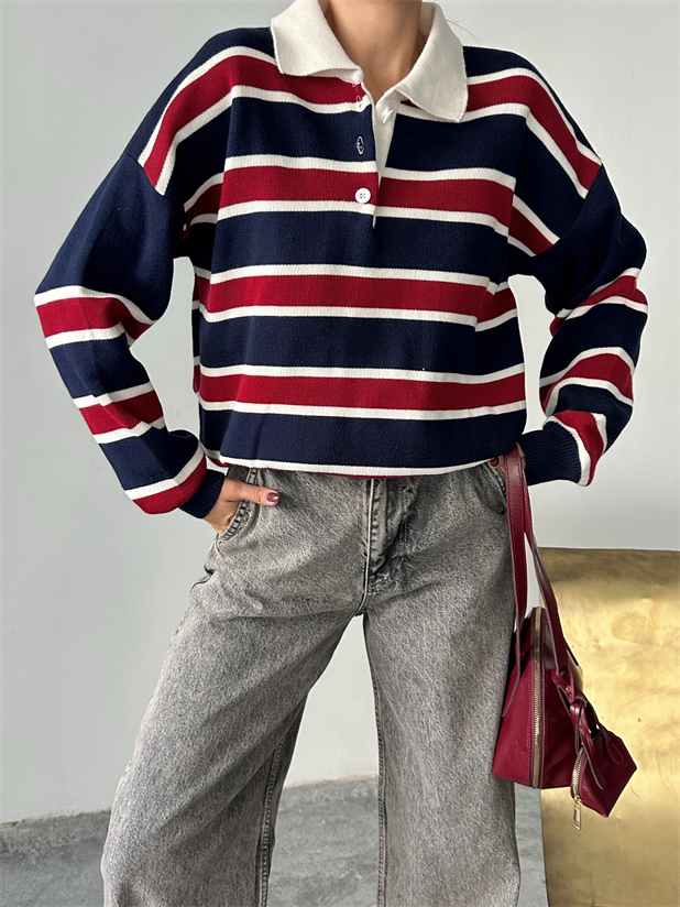 Polo Yaka Çizgili Triko - lacivert-bordo