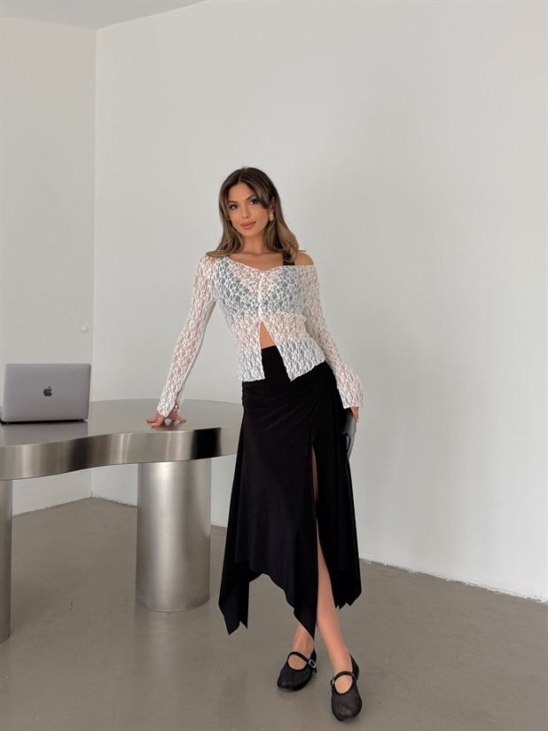 Yırtmaçlı Yüksek Bel Asimetrik Etek - Siyah