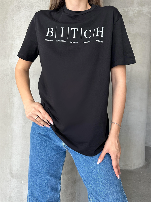 Bitch Baskı Basic T-Shirt Siyah - Siyah