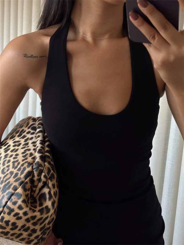 Boyundan Geçmeli Elbise - Siyah