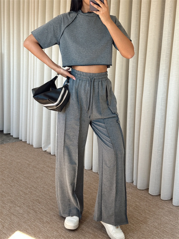 Ters Dikiş Detay Crop Takım - Antrasit