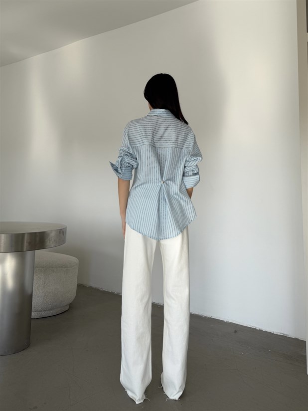 Çizgili Kol Manşet Detaylı Gömlek - Mavi