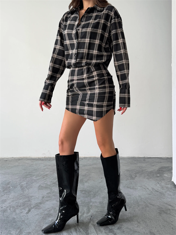 Ekose Gömlek Elbise  - Siyah