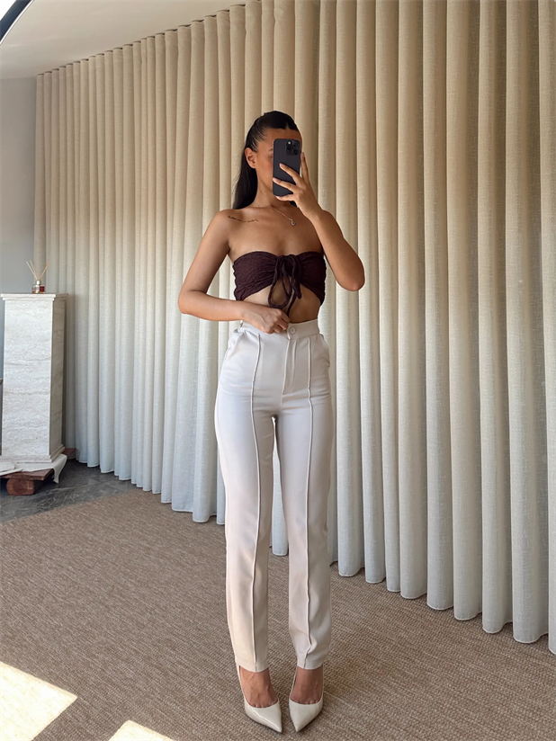 Beli Lastikli Çımalı Pantolon  - Taş