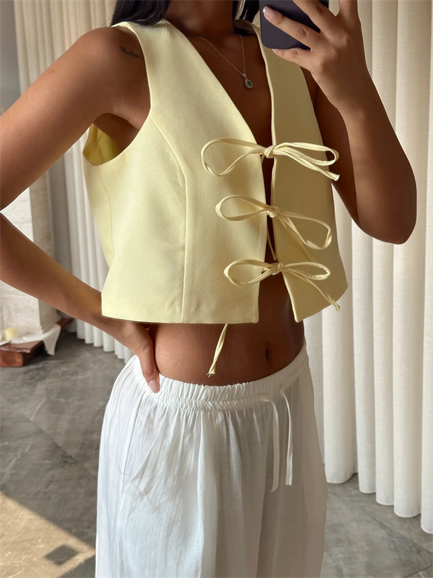 Keten Bağcıklı Yelek  - Sarı