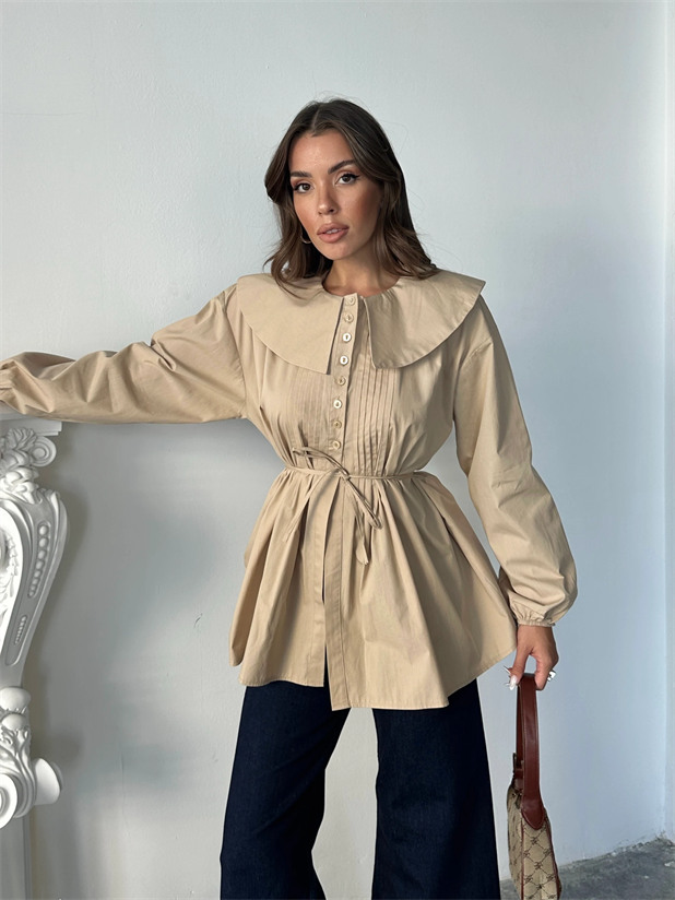 Geniş Yaka Poplin Gömlek - Bej
