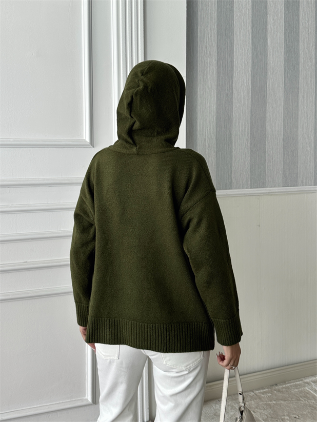 Kapüşonlu Butter Triko Kazak - Haki