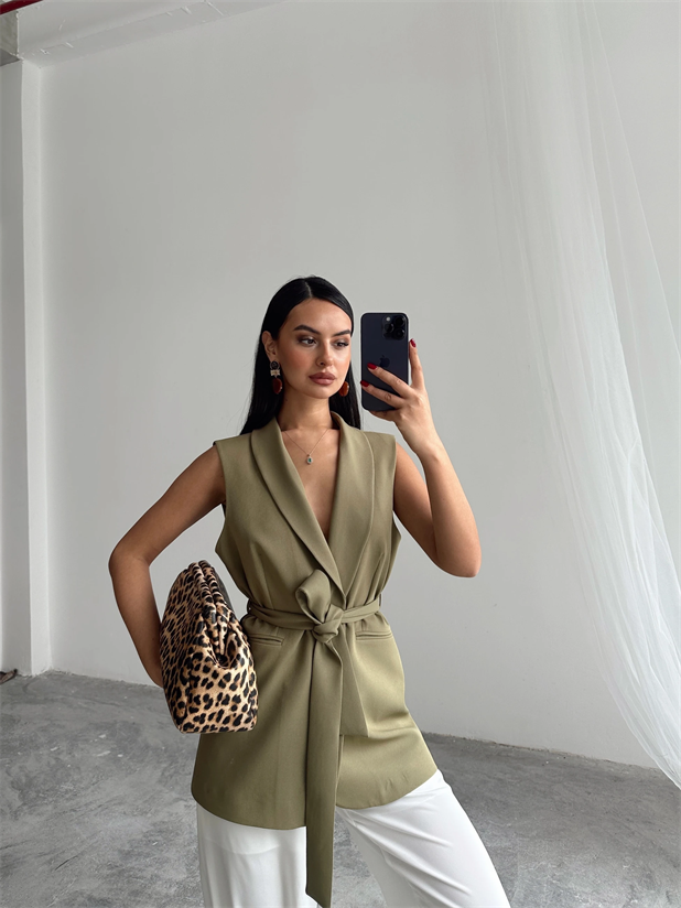 Bağlamalı Blazer Yelek  - Haki Yeşil