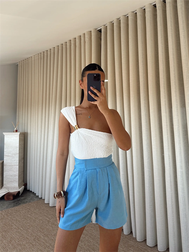 Cırtlı Keten Şort - Mavi