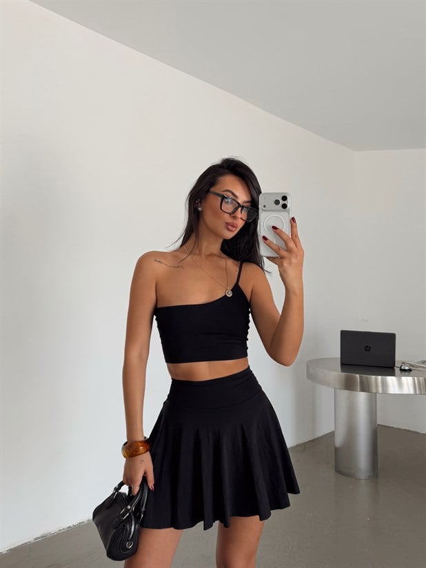 İçi Şortlu Mini Etek - Siyah